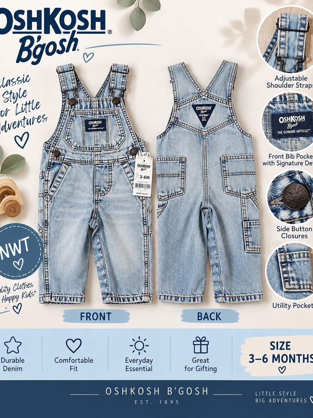 OshKosh B’gosh Baby Denim Overalls – Size 3–6M – NWT